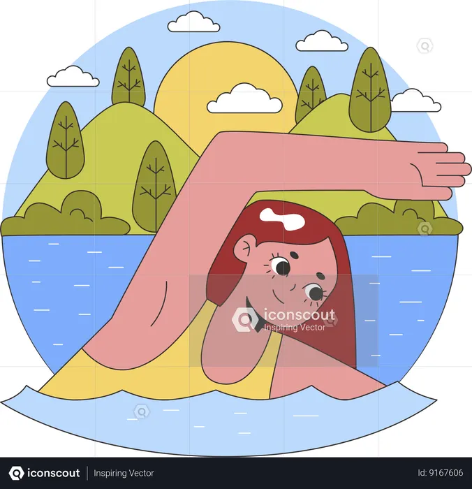 Garota nadando no mar  Ilustração