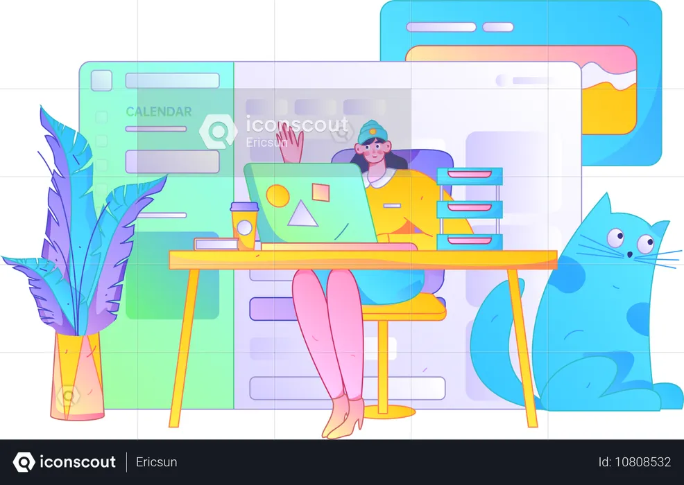 Menina no escritório enquanto verifica o calendário comercial  Ilustração