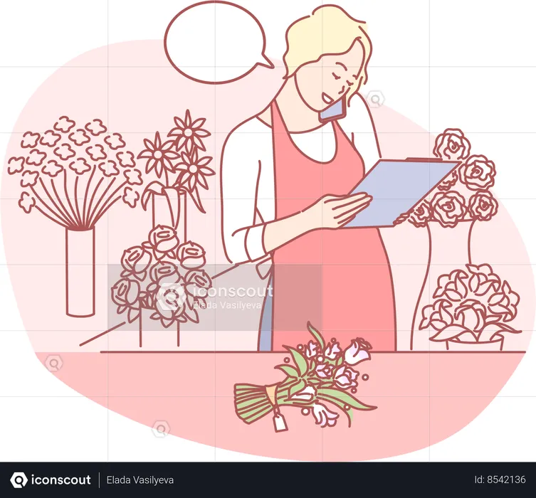 Menina recebendo pedido de flores  Ilustração