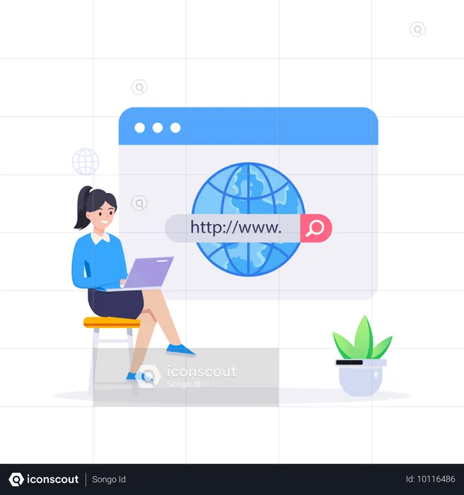 Garota procura site no navegador  Ilustração