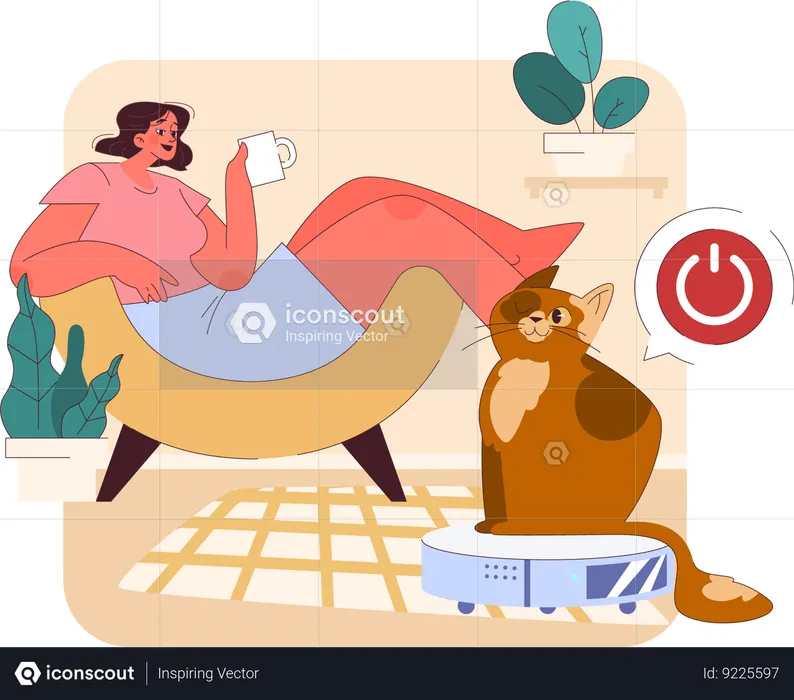 Menina relaxando em casa com seu gato  Ilustração