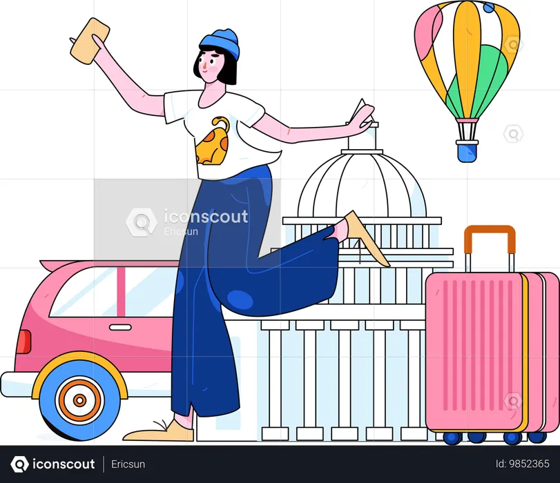 Menina segurando o celular e indo viajar  Ilustração