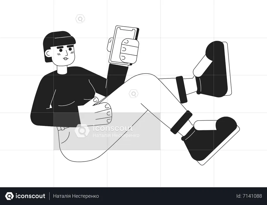 Menina segurando o telefone sentada com as pernas para cima  Ilustração