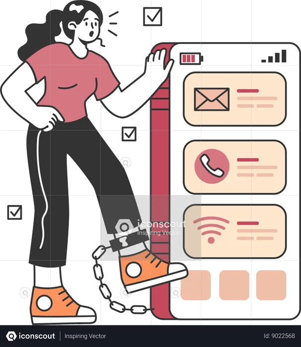 Menina sendo acorrentada ao celular  Ilustração