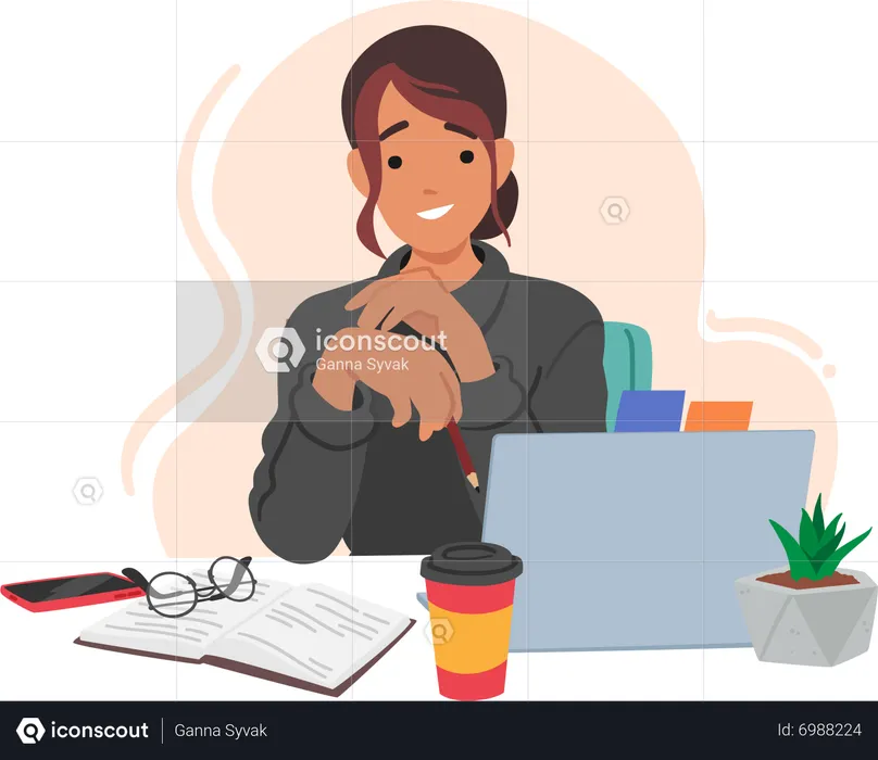 Menina sentada à mesa, cercada por livro, laptop, café e telefone  Ilustração