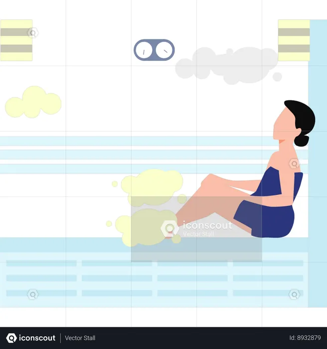 Menina sentada na sauna a vapor  Ilustração