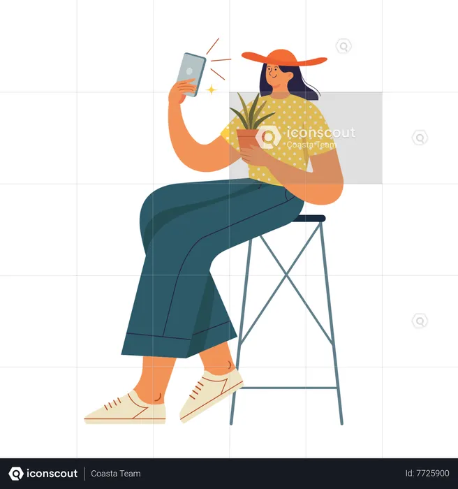 Garota tirando selfie com planta  Ilustração