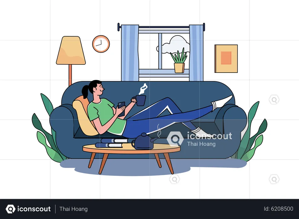 Menina tomando café e relaxando no sofá  Ilustração
