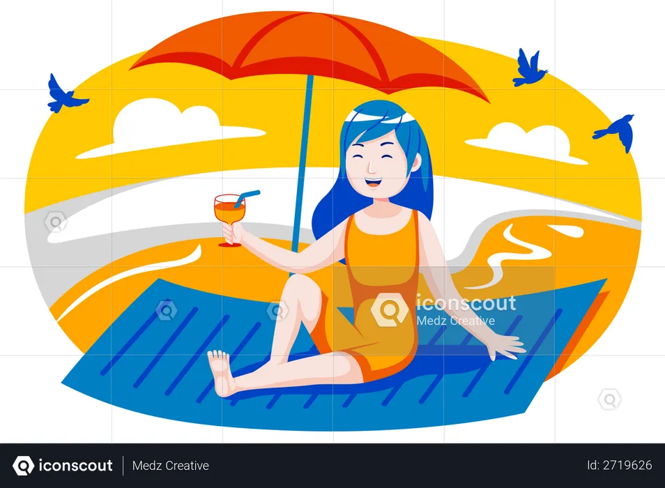 Menina tomando banho de sol na praia  Ilustração