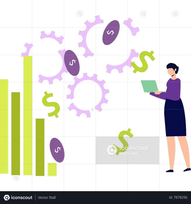 Garota trabalhando na configuração do gráfico de dólar  Ilustração