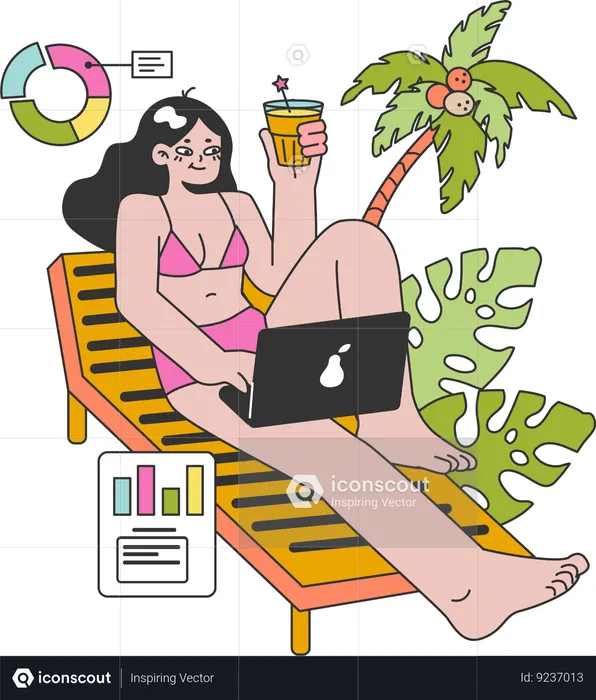 Garota trabalhando enquanto aproveita as férias na praia  Ilustração