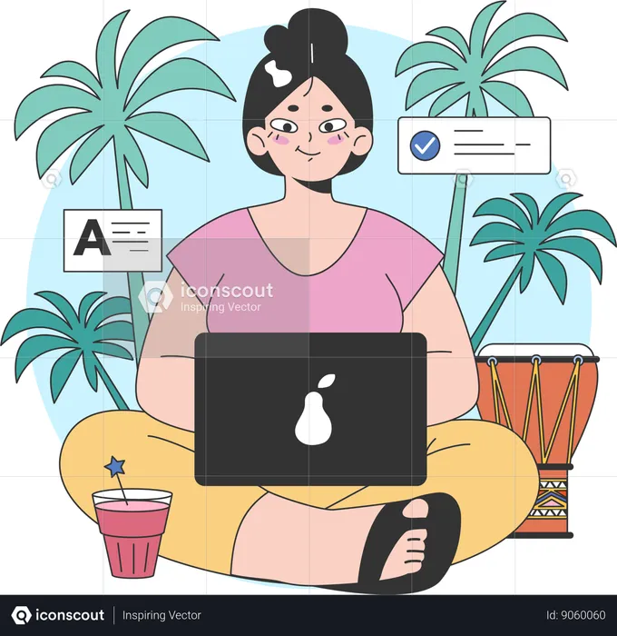 Garota trabalhando no laptop da praia  Ilustração