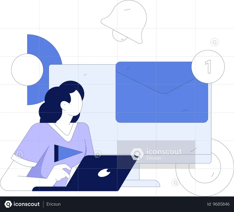 Garota trabalhando no laptop enquanto recebe notificação por e-mail  Ilustração