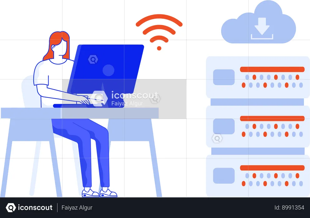 Garota trabalhando no Cloud Server  Ilustração