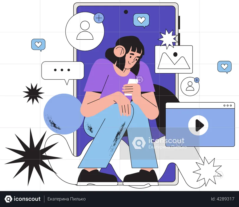 Garota usando mídias sociais no telefone  Ilustração
