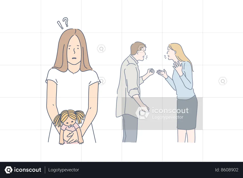 A menina está triste enquanto seus pais estão brigando  Ilustração