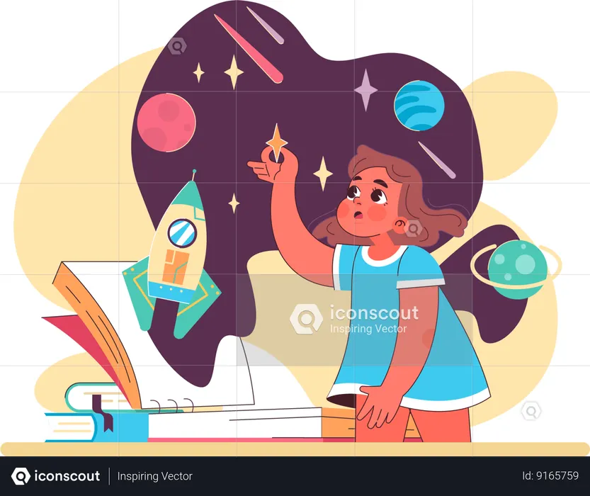 Menina fazendo pesquisa científica espacial  Ilustração