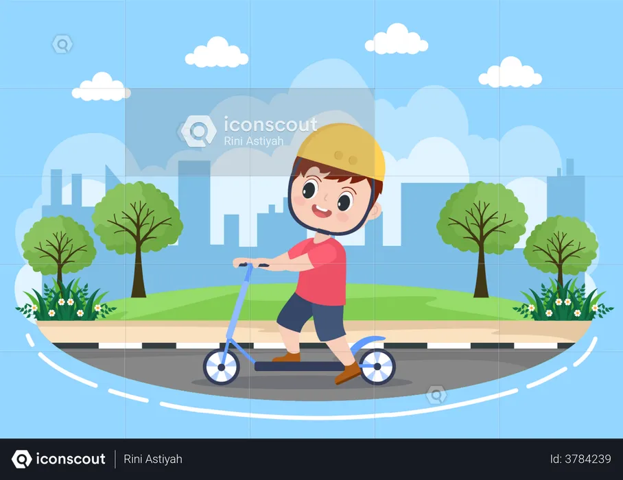 Garotinho andando de scooter  Ilustração