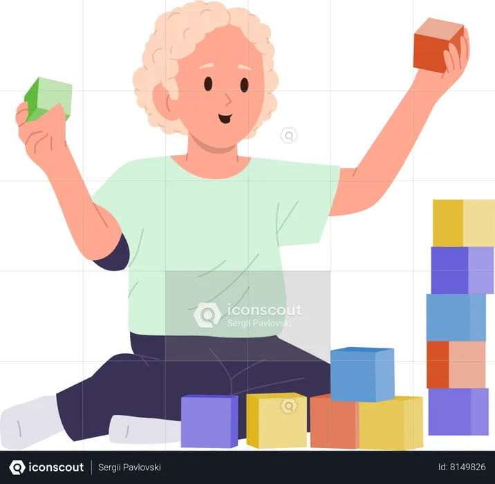 Garotinho brincando com blocos de construção  Ilustração