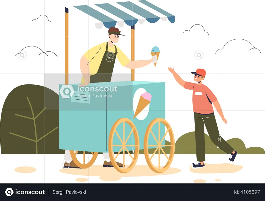 Garotinho compra sorvete no carrinho de quiosque ao ar livre  Ilustração