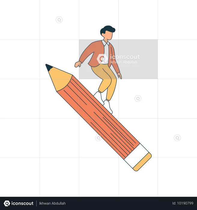 Garoto do ensino médio surfando em um lápis gigante  Ilustração