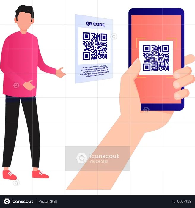 Garoto está mostrando o código QR no celular  Ilustração