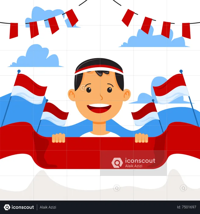 Garoto feliz comemorando o dia da independência da Indonésia espalhando bandeira  Ilustração