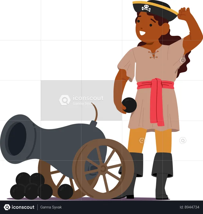 O garoto pirata está parado ao lado do canhão  Ilustração