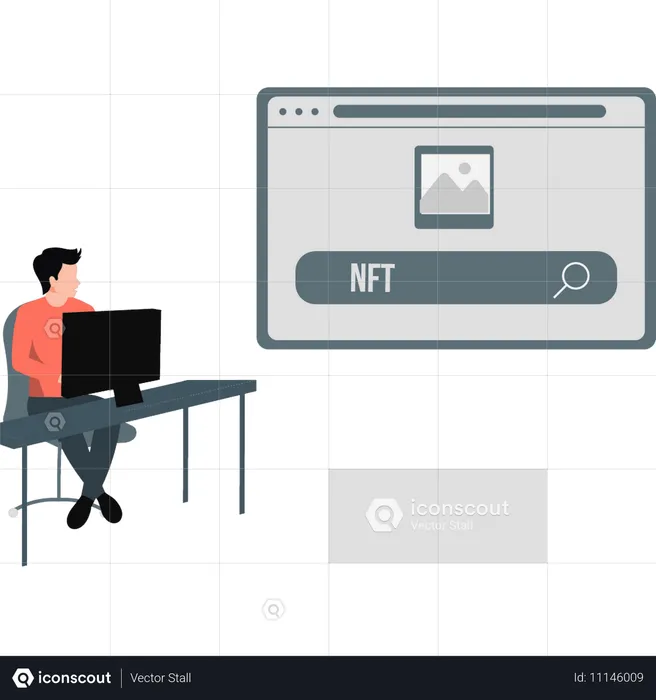 Menino procurando NFT no monitor  Ilustração