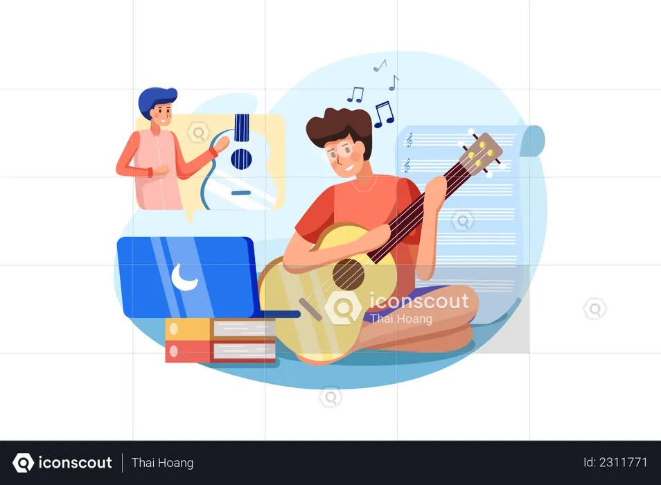 Menino tocando violão em sessão online com seu amigo  Ilustração