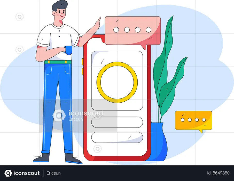 Garoto usando mídias sociais no telefone  Ilustração