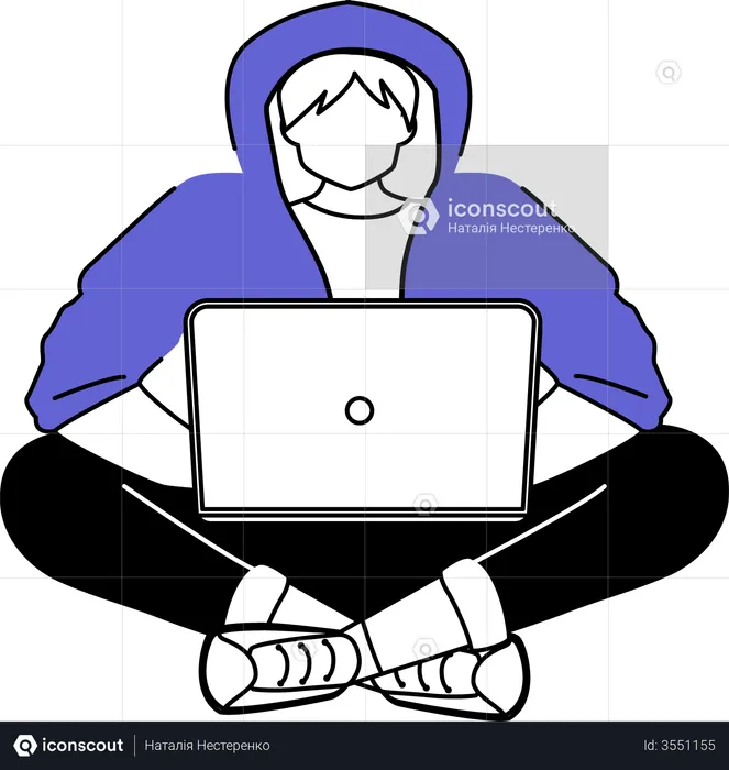 Guy en sweat à capuche avec ordinateur portable  Illustration