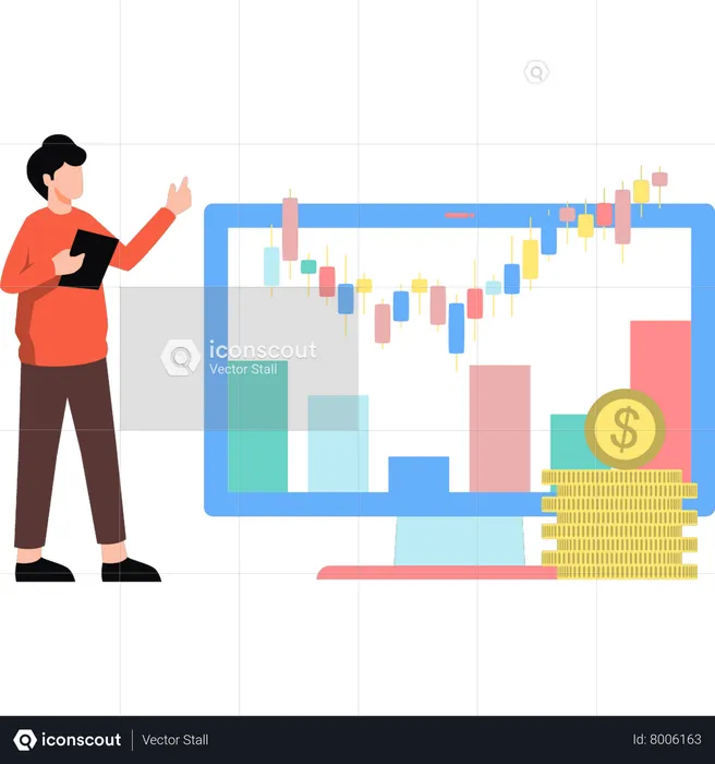 Un gars qui regarde des analyses en dollars  Illustration