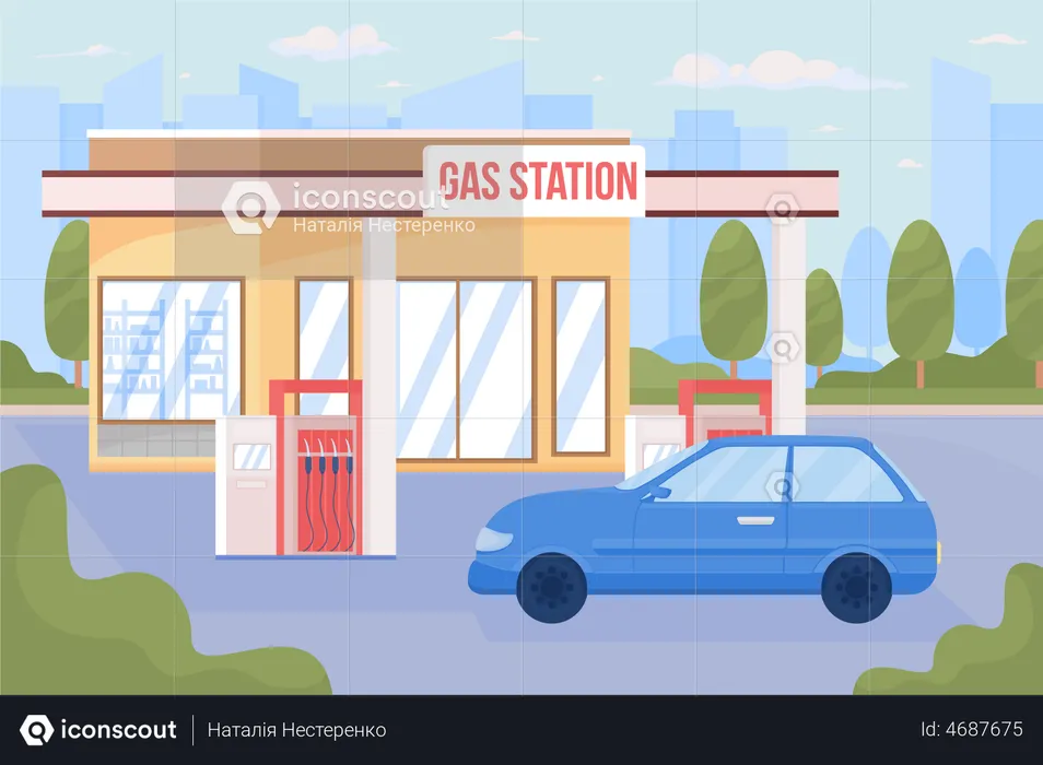 Gas station and car in city  Illustration