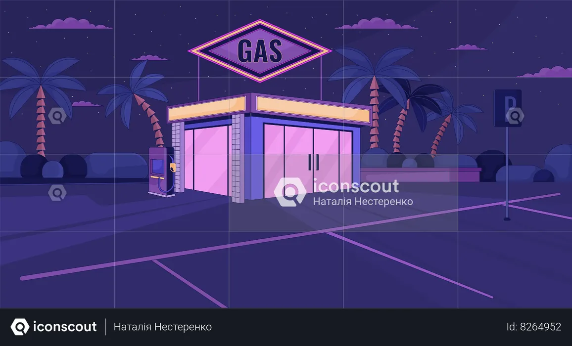 Gas station convenience store nighttime  Illustration