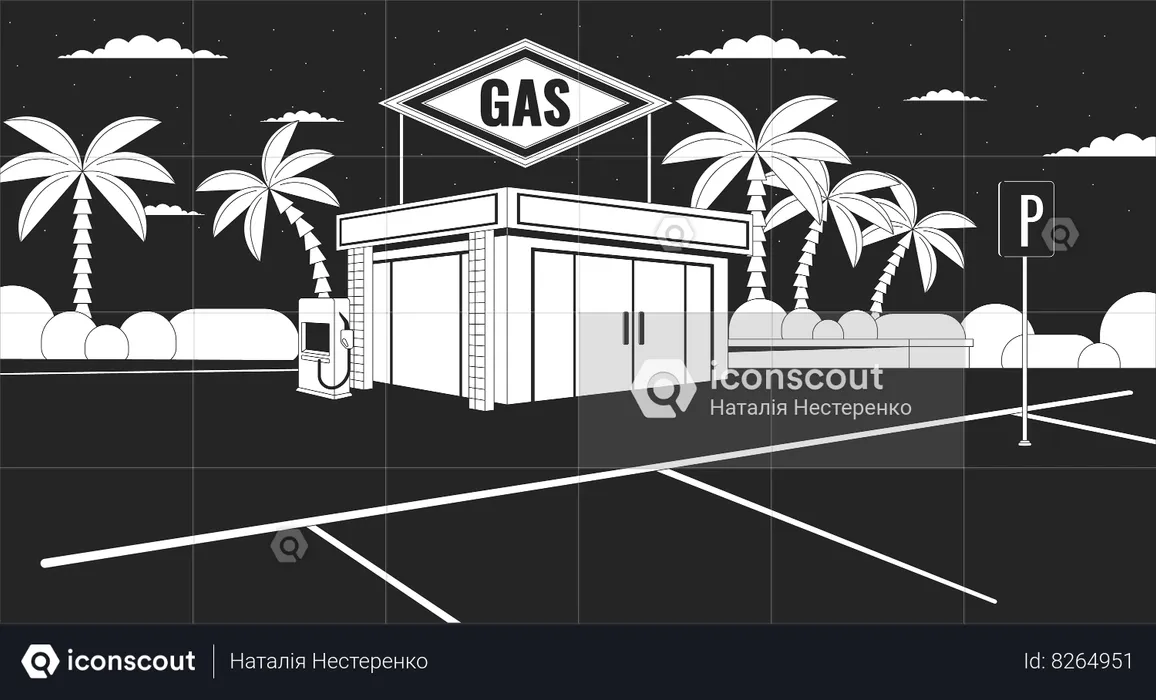 Gas station convenience store nighttime  Illustration