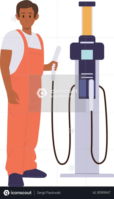Gas station fuel attendant in workwear standing nearby pump tank for car refueling  Illustration