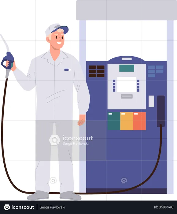 Gas station worker in uniform holding filling gun standing nearby petrol pump  Illustration