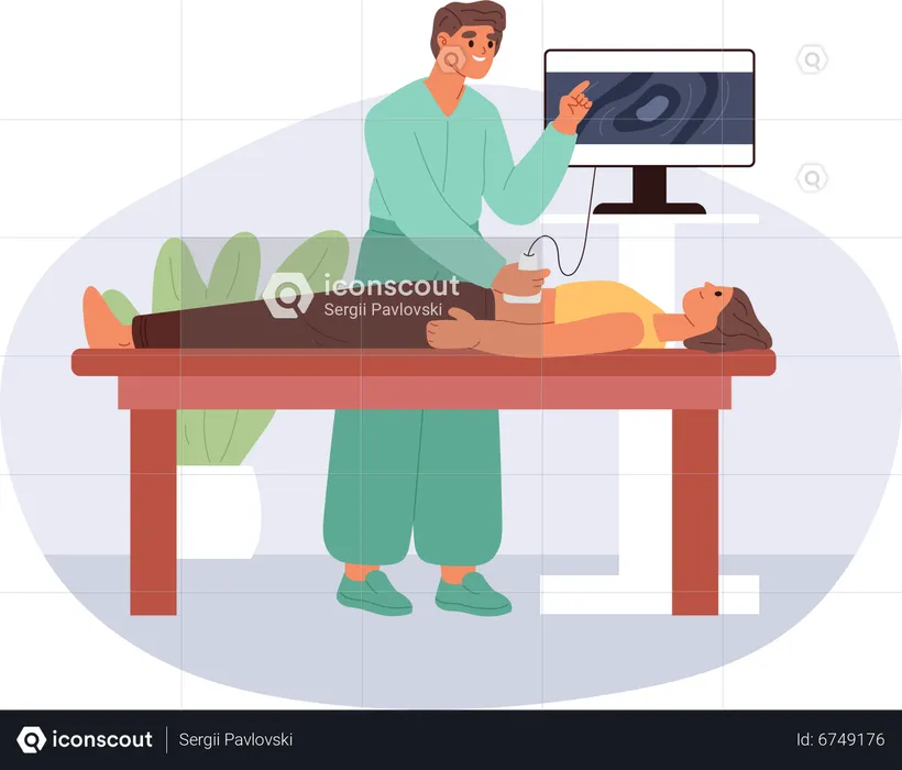 Gastroenterologista examinar abdômen de homem  Ilustração