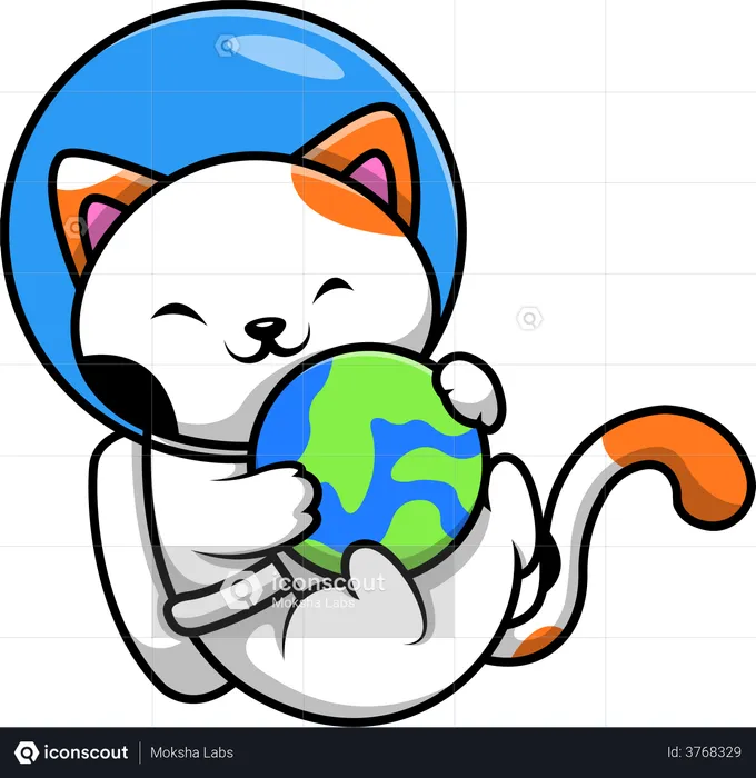 Gato astronauta jugando con globo  Ilustración