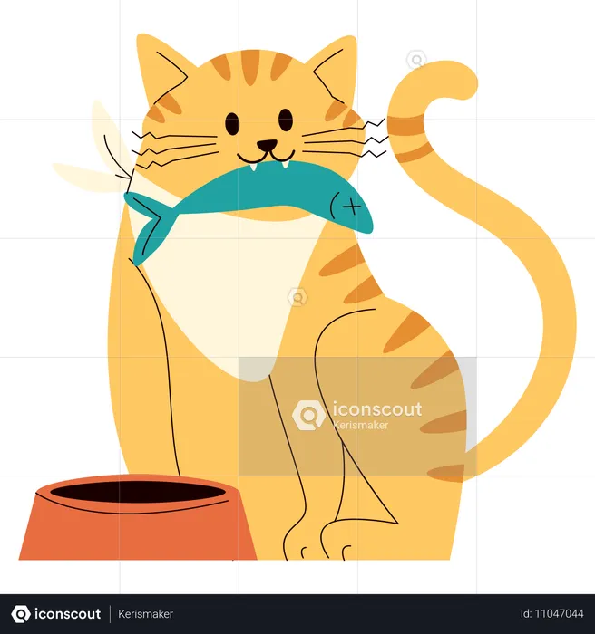 Gato comendo peixe  Ilustração