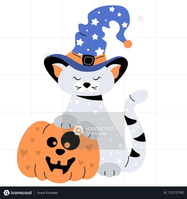 Gato de Halloween com abóbora  Ilustração