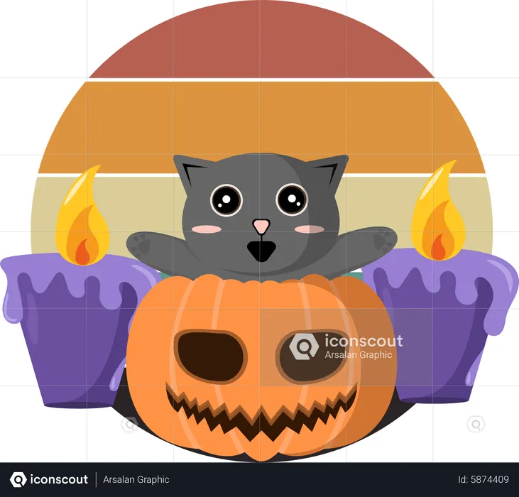 Gato en calabaza de halloween  Ilustración