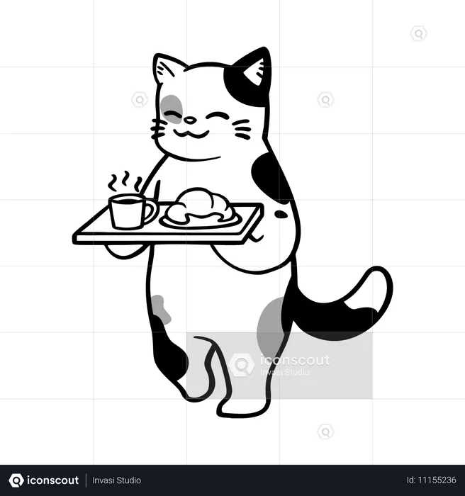 Gato juguetón sirviendo comida  Ilustración