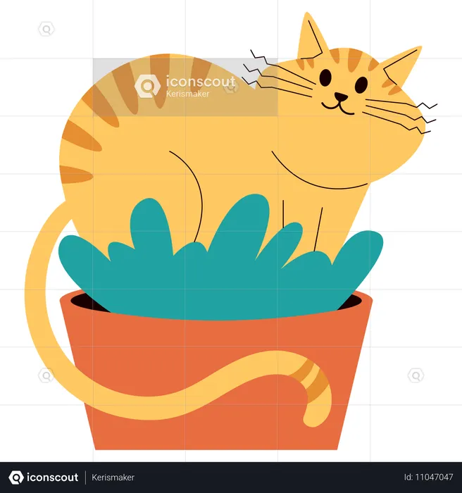 Gato em vaso de planta  Ilustração