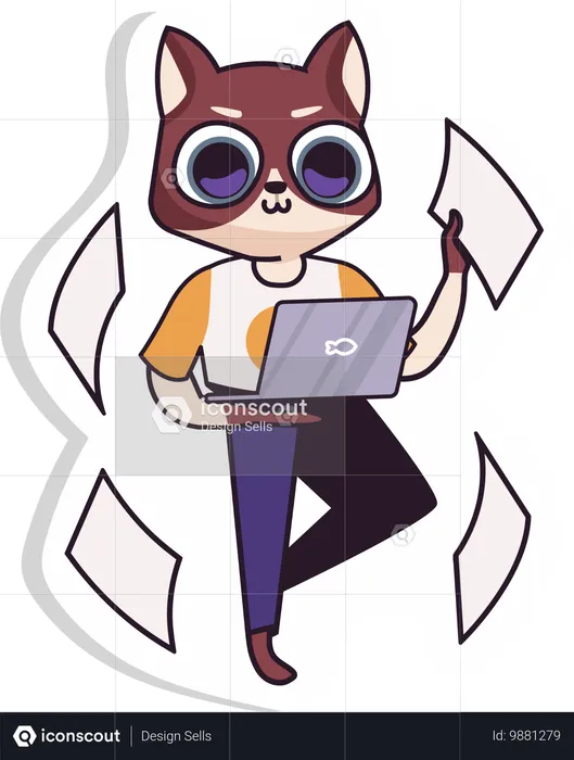 Gato trabajando en la computadora portátil  Ilustración