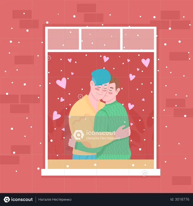 Gay couple hugging near home window  Illustration