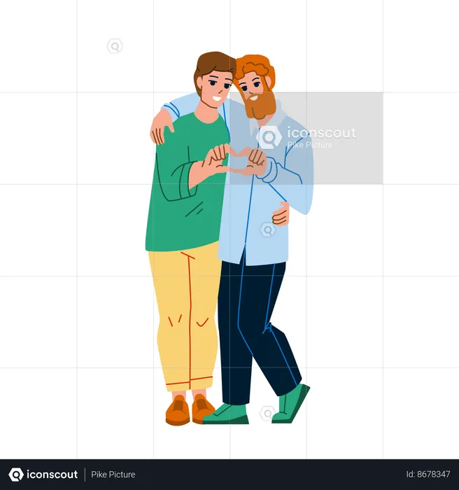 Gay Couple Embracing And Showing Heart  Illustration