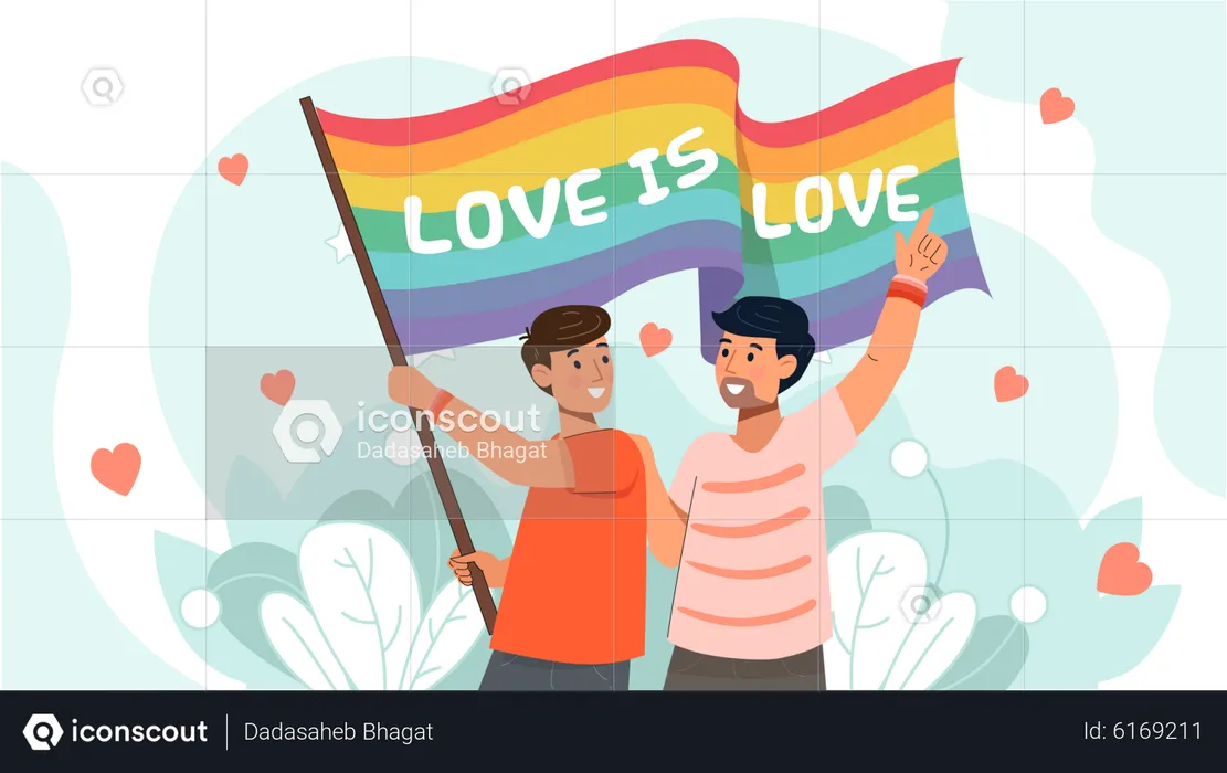 Gay couple holding LGBT flag  Illustration