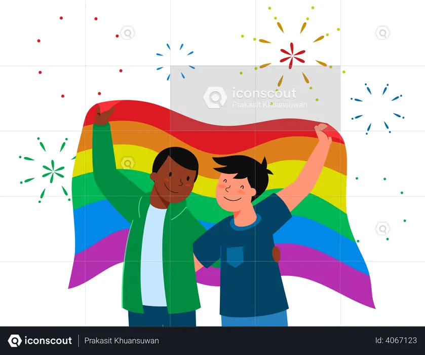 Gay couple walking with Pride flag  Illustration